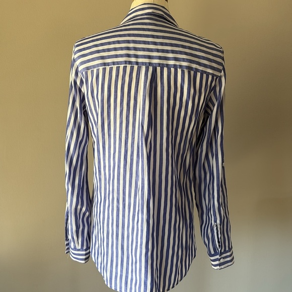 Express women’s blue and White Striped Button-Up Shirt 2 pockets tab sleeves S - Picture 8 of 14